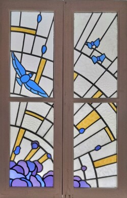Vitraux XXèvitrail,vitrail au plomb,Vitrail,Chartres,galerie du vitrail,vitraux, vitraux d'occasion,vente de vitraux en ligne, centre,eure et loir,eure et loire me Soleil et oiseau bleu Art Déco